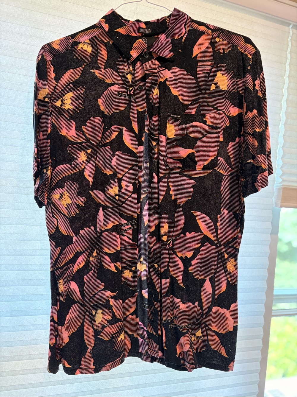 Volcom Black Short Sleeve Button-Down with Pink and Orange Floral
